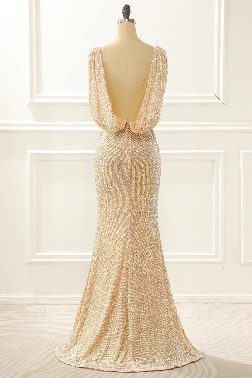 Sequins Long Champagne Prom Dress With Slit