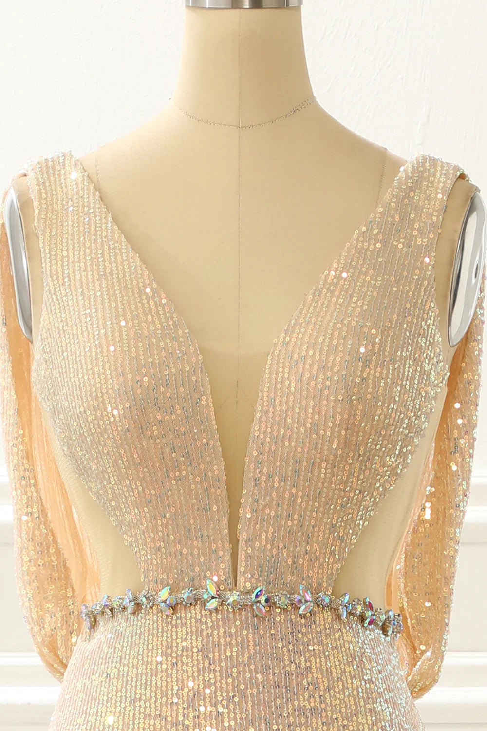 Sequins Long Champagne Prom Dress With Slit