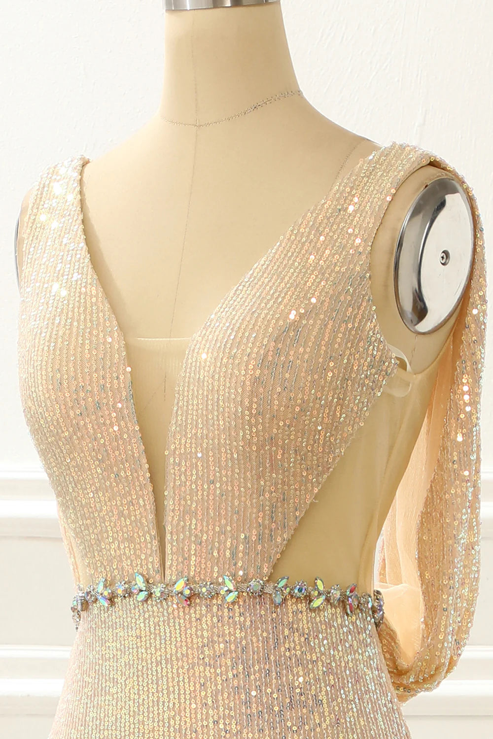 Sequins Long Champagne Prom Dress With Slit