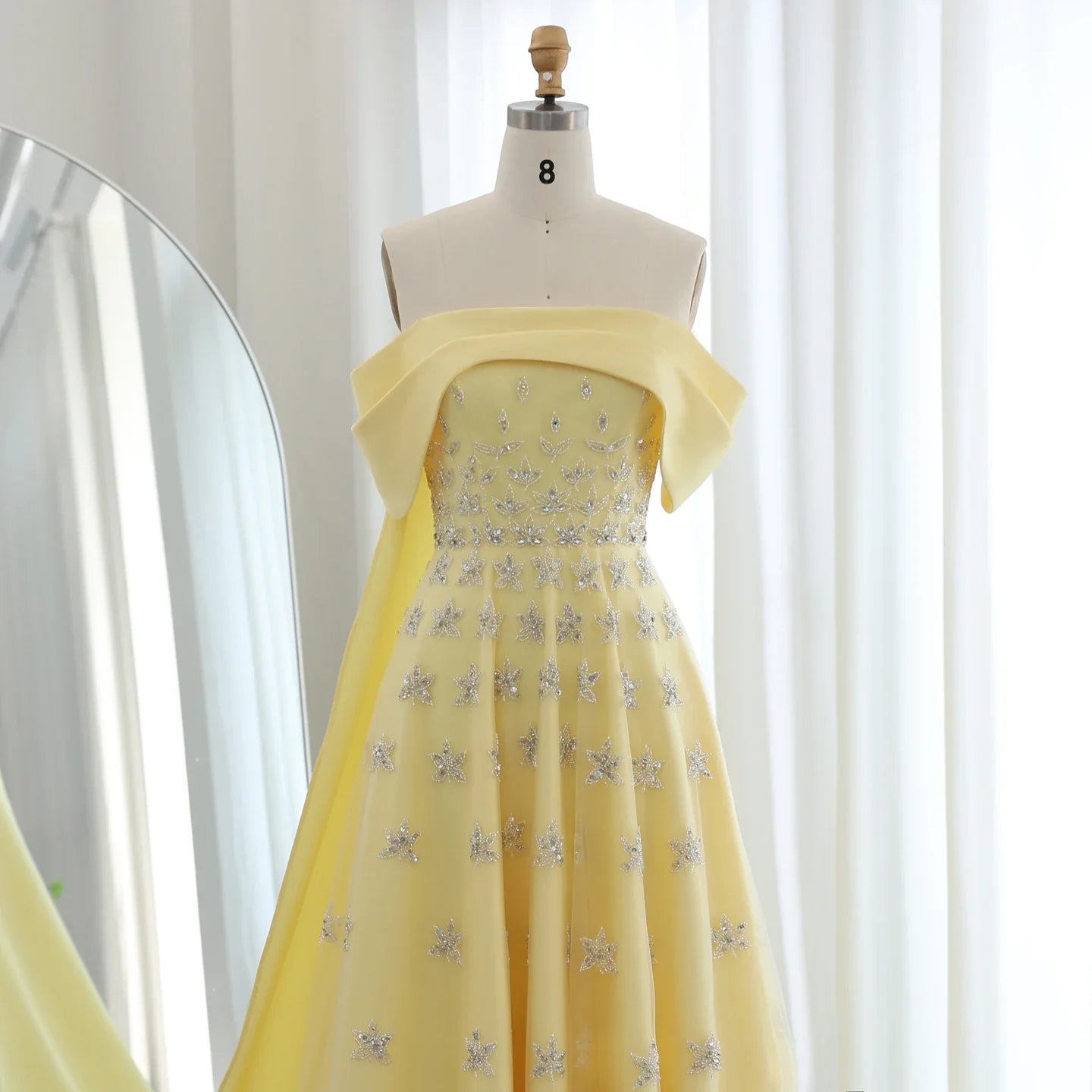 Yellow Satin Evening Gown Off-the-Shoulder With Train Sleeveless Prom Dress