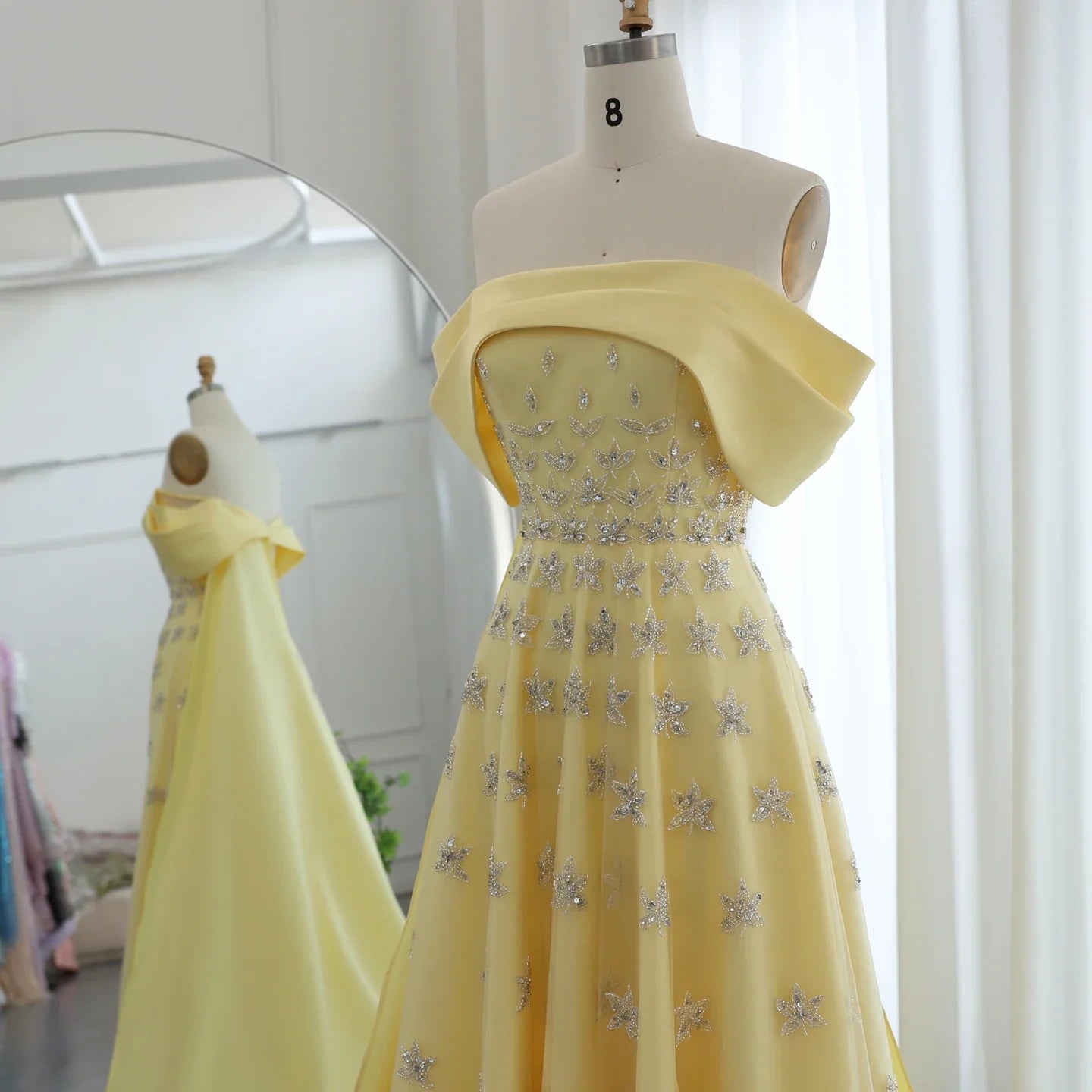 Yellow Satin Evening Gown Off-the-Shoulder With Train Sleeveless Prom Dress