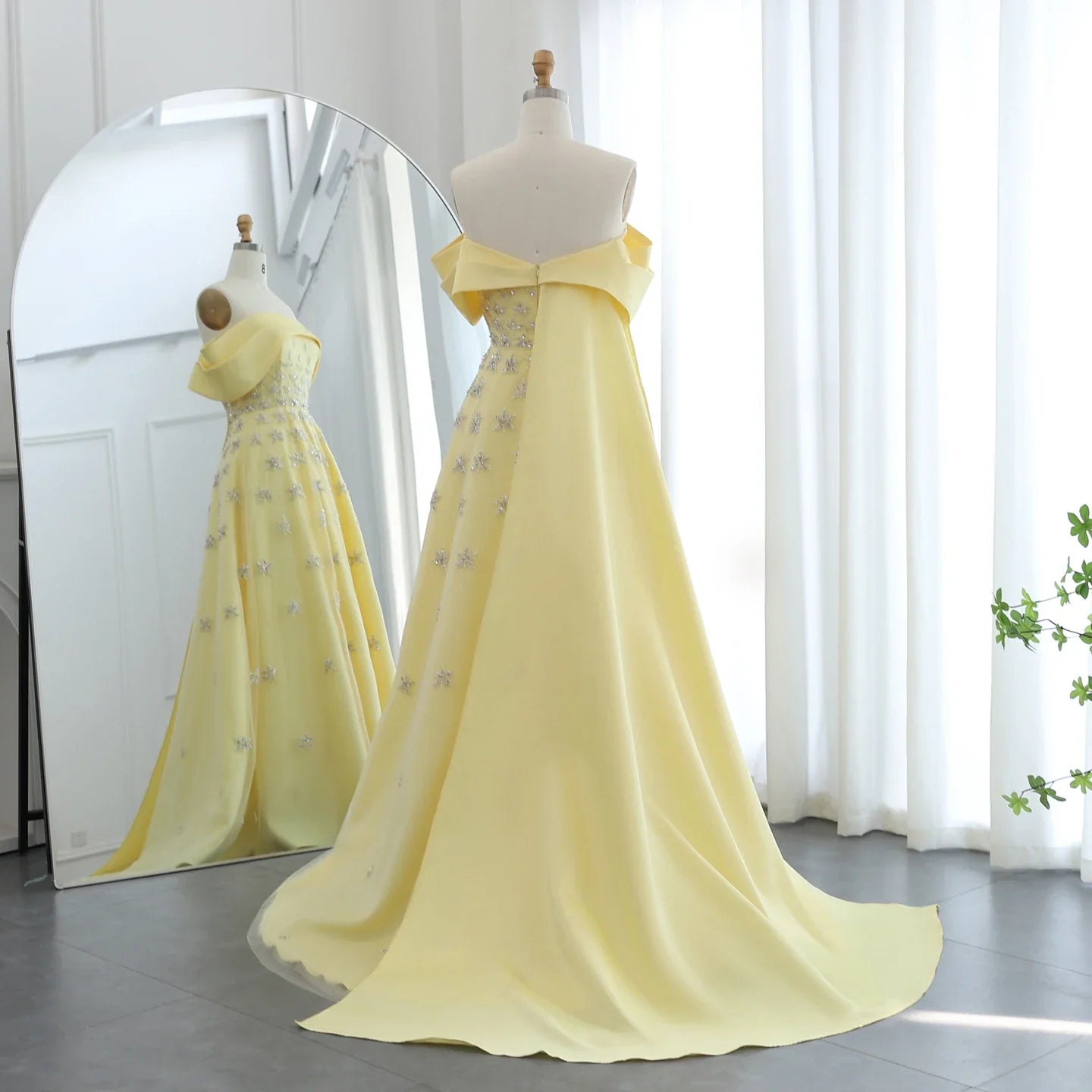 Yellow Satin Evening Gown Off-the-Shoulder With Train Sleeveless Prom Dress