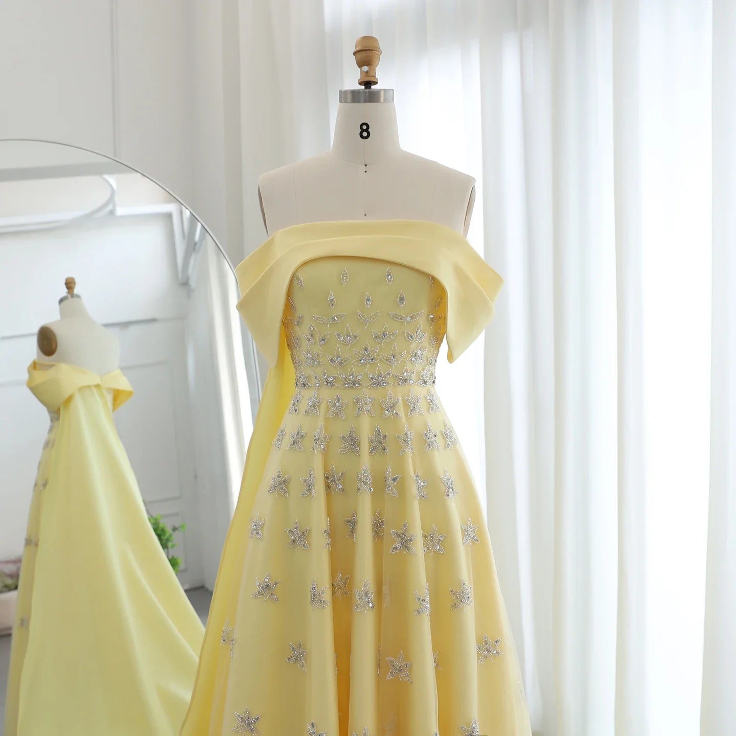 Yellow Satin Evening Gown Off-the-Shoulder With Train Sleeveless Prom Dress