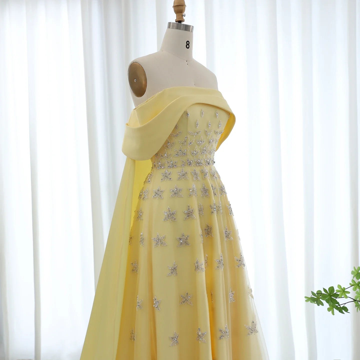 Yellow Satin Evening Gown Off-the-Shoulder With Train Sleeveless Prom Dress