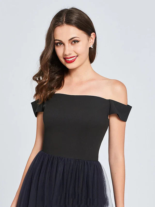 Minimalist Sexy Engagement Cocktail Party Dress Off Shoulder Sleeveless Short Mini Tulle