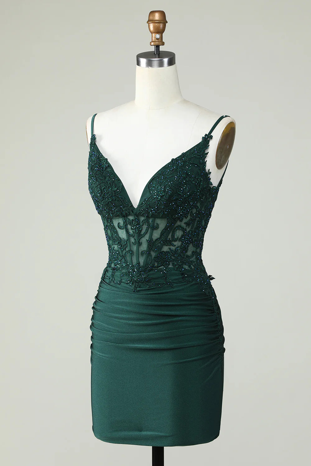 Dark Green Spaghetti Straps Corset Homecoming Dress With Appliques