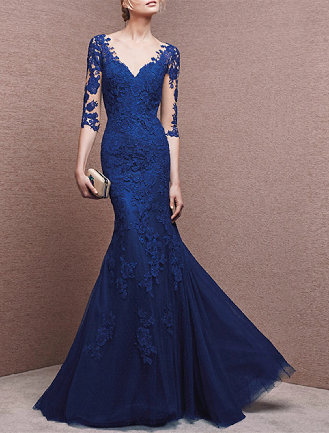 Mermaid / Trumpet Prom Gown Elegant Dress Formal Wedding Guest Floor Length Half Sleeve V Neck Tulle