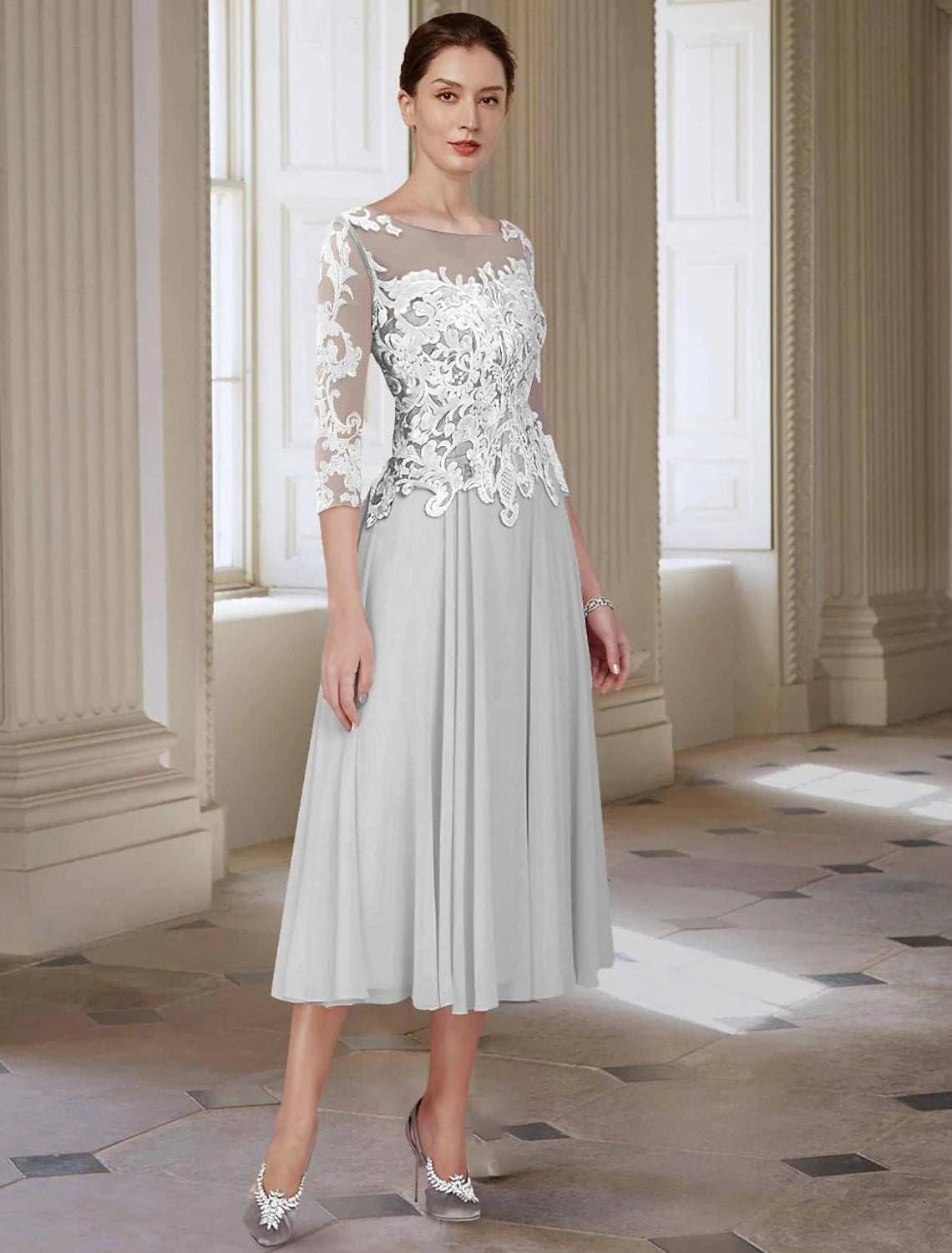 A-Line Mother of the Bride Dress Elegant Jewel Neck Asymmetrical Ankle Length Chiffon Lace 3/4 Length Sleeve