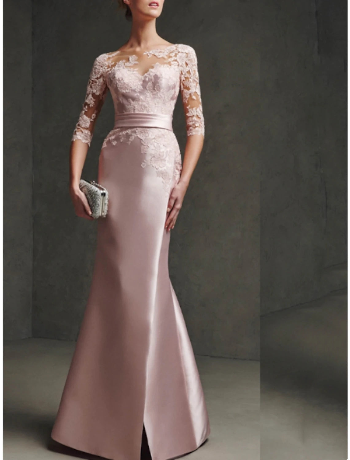 Mermaid / Trumpet Mother of the Bride Dress Formal Elegant Party Scoop Neck Floor Length Satin Lace 3/4 Length Sleeve