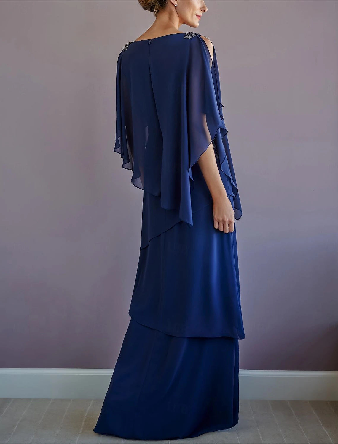 A-Line Mother of the Bride Dress Formal Wedding Guest Elegant Bateau Neck Floor Length Chiffon Half Sleeve