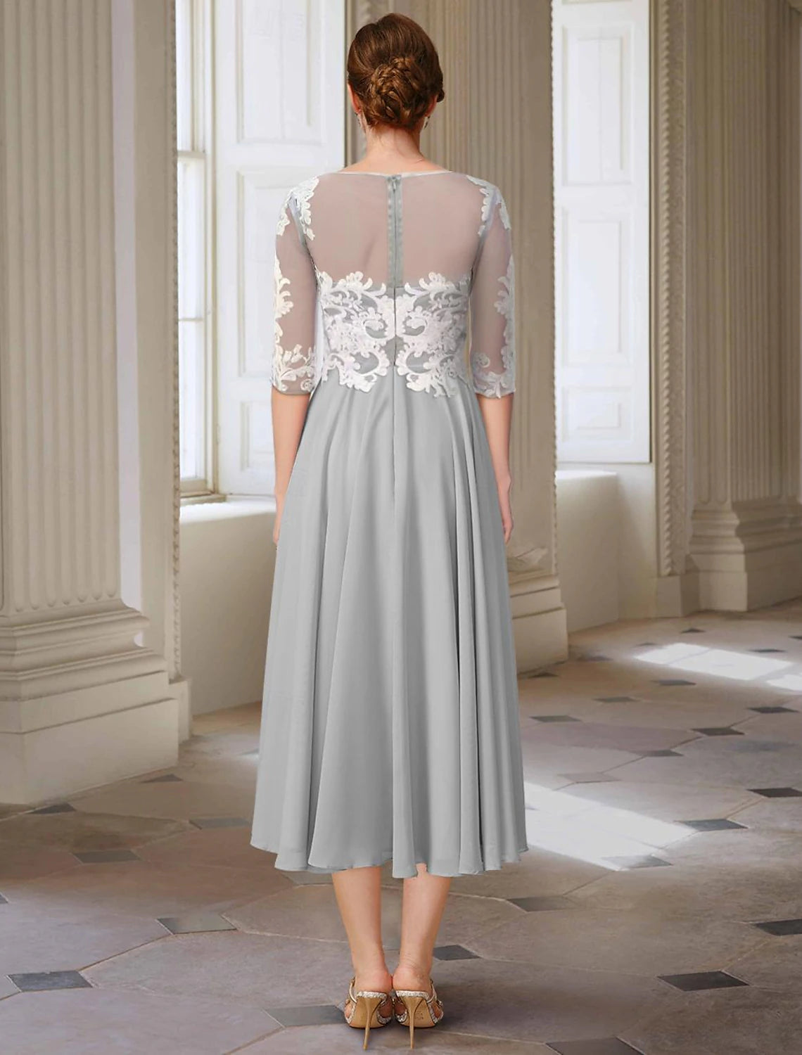 A-Line Mother of the Bride Dress Elegant Jewel Neck Asymmetrical Ankle Length Chiffon Lace 3/4 Length Sleeve
