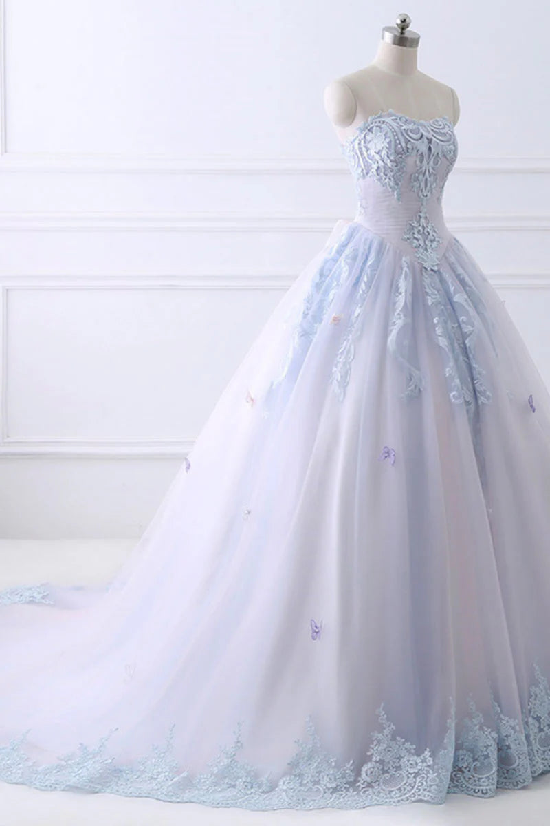 Light blue lace tulle long prom Wedding Dresses