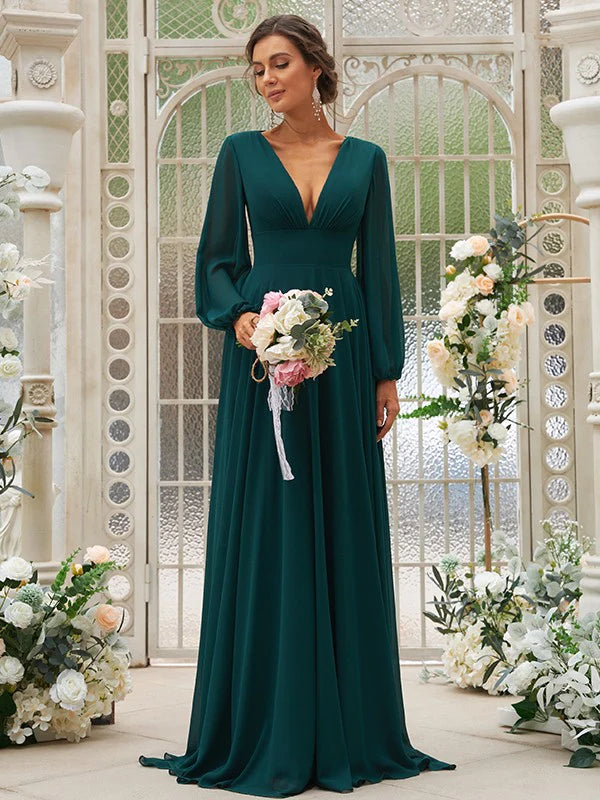 A-Line Princess Chiffon Ruffles V-neck Long Sleeves Bridesmaid Dresses