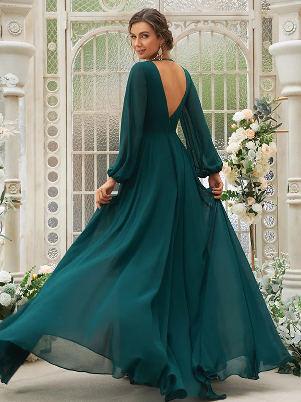 A-Line Princess Chiffon Ruffles V-neck Long Sleeves Bridesmaid Dresses