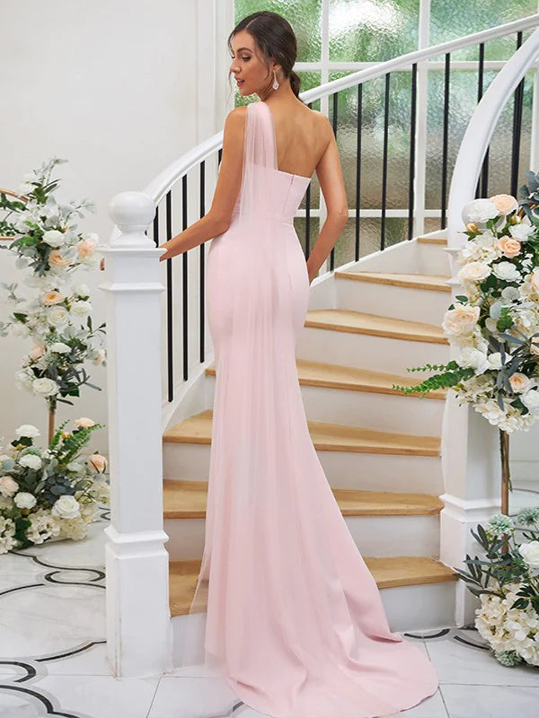 Ruched One-Shoulder Sleeveless Bridesmaid Dresses