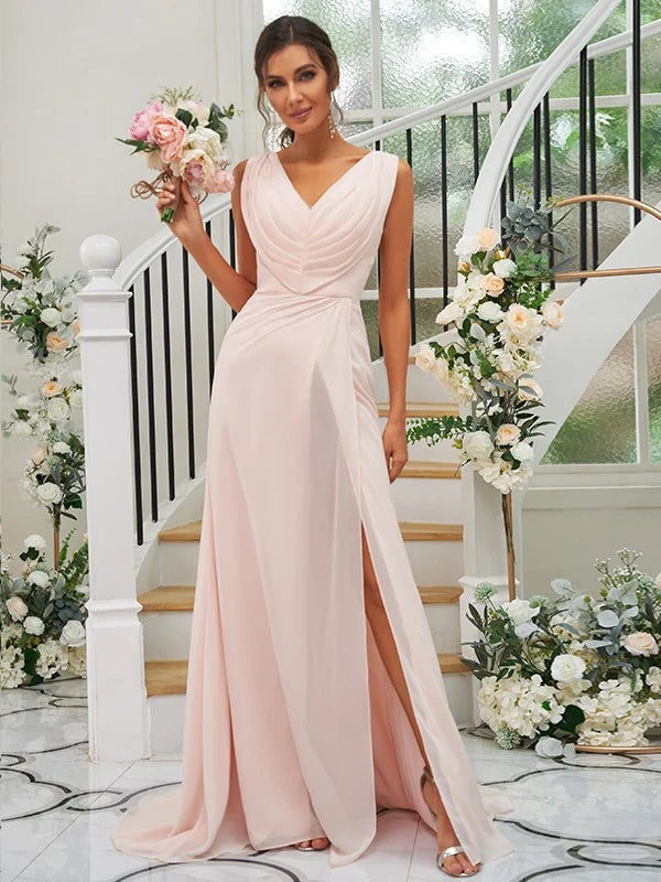 A-Line Princess Chiffon Ruched V-neck Sleeveless Bridesmaid Dresses