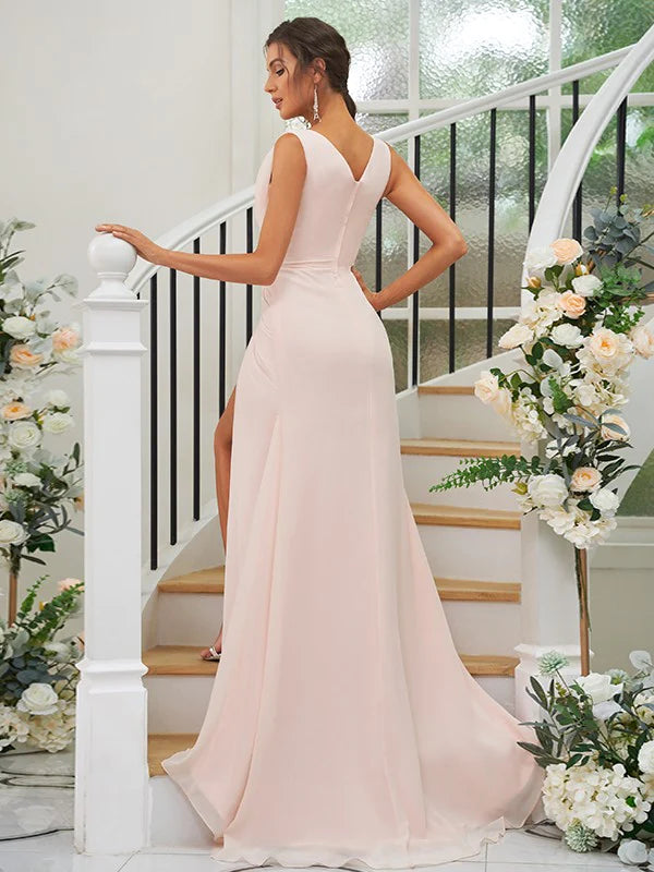 A-Line Princess Chiffon Ruched V-neck Sleeveless Bridesmaid Dresses