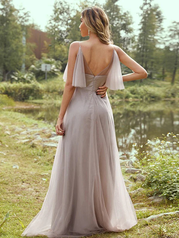 A-LinePrincess Tulle Ruffles V-neck Sleeveless Floor-Length Bridesmaid Dresses