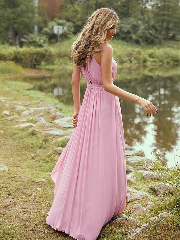 A-Line Princess Chiffon Ruffles Halter Sleeveless Bridesmaid Dresses