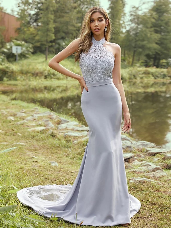 Lace Halter Sleeveless Tail-length Bridesmaid Dresses
