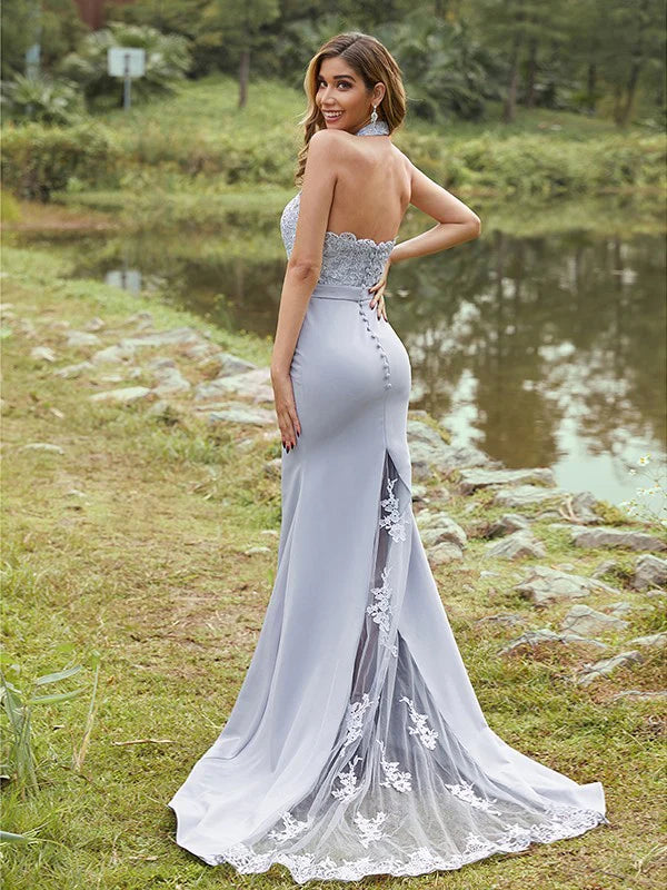 Lace Halter Sleeveless Tail-length Bridesmaid Dresses