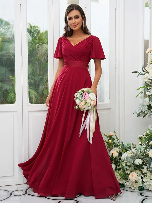 A-Line Princess Chiffon Ruched V-neck Short Sleeves Train Bridesmaid Dresses