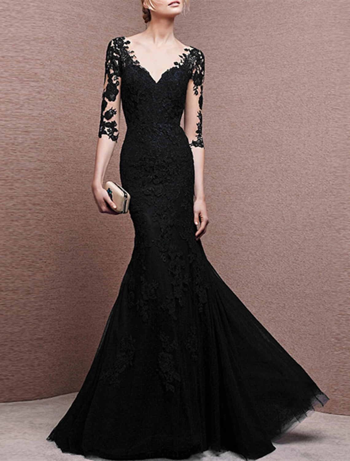 Mermaid / Trumpet Prom Gown Elegant Dress Formal Wedding Guest Floor Length Half Sleeve V Neck Tulle