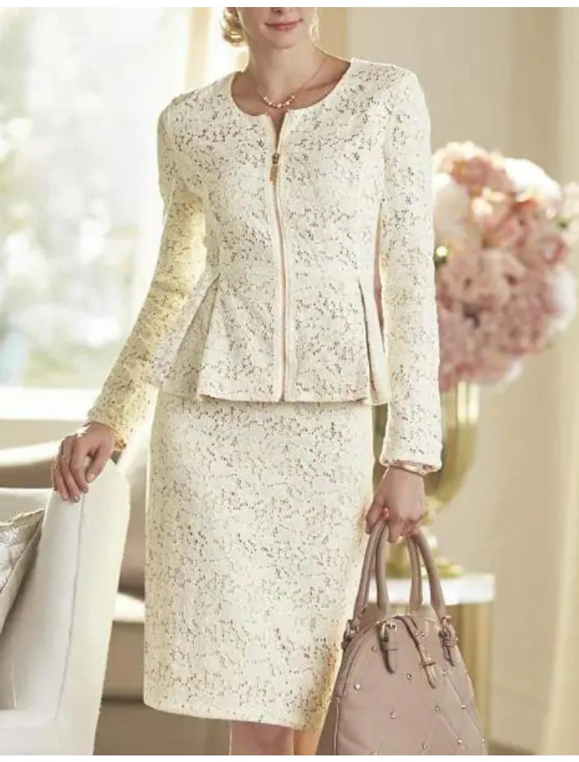 Two Piece Sheath / Column Mother of the Bride Dress Wedding Guest Elegant Party Scoop Neck Knee Length Lace Long Sleeve Wrap Included