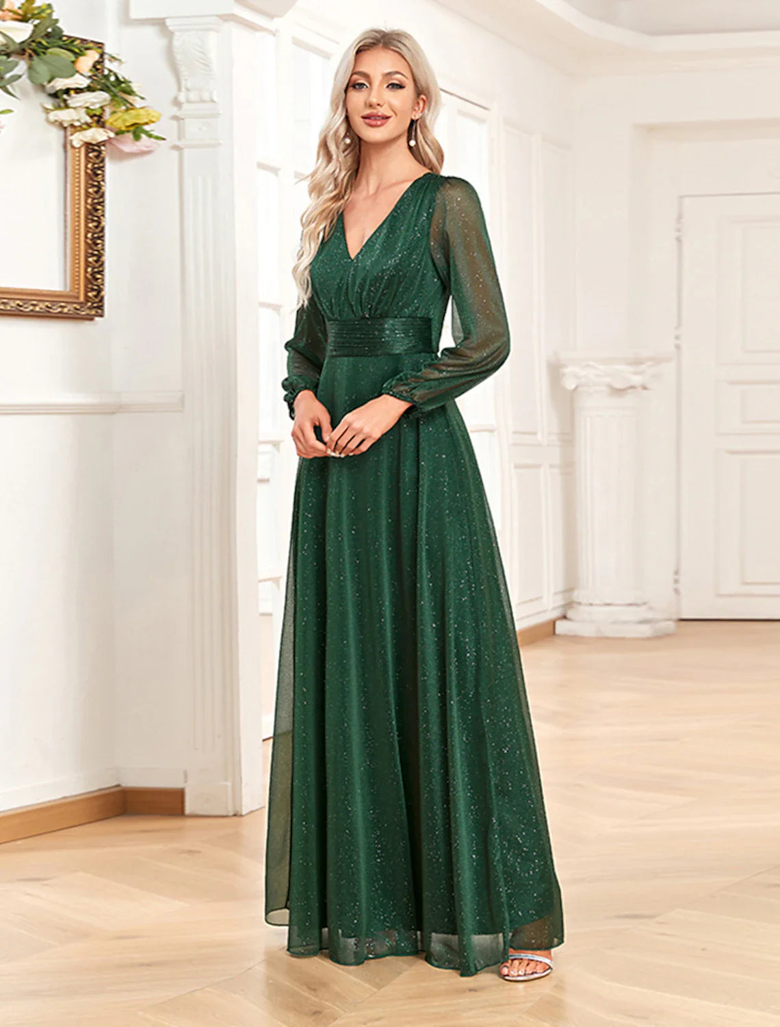 Evening Gown Elegant Dress Formal Floor Length Long Sleeve V Neck Chiffon with Sequin