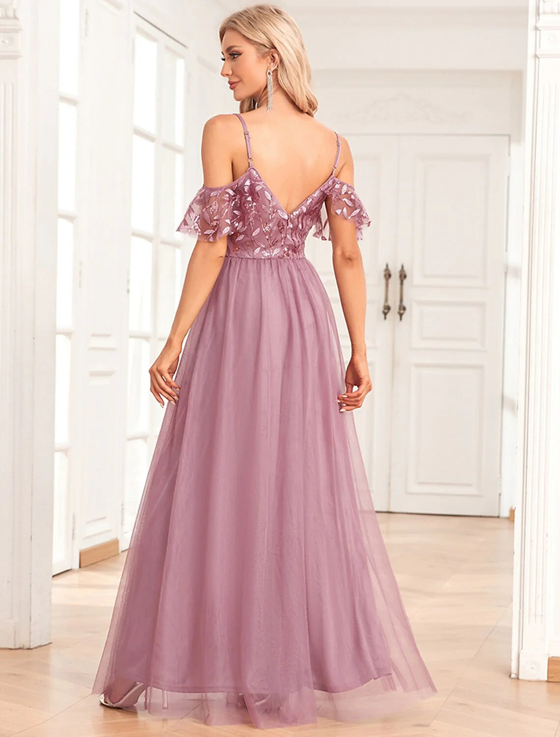 Evening Gown Elegant Dress Evening Party Floor Length Sleeveless Spaghetti Strap Bridesmaid Dress Tulle V Back with Sequin Embroidery