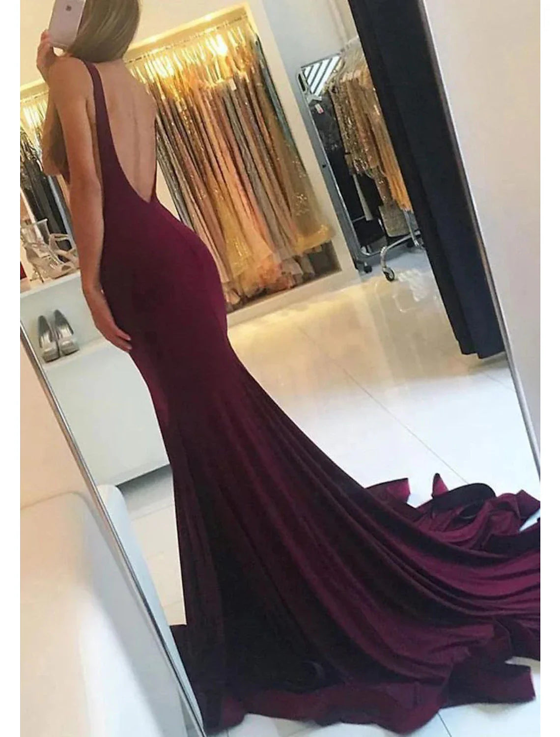 Evening Gown Empire Dress Prom Court Train Sleeveless Spaghetti Strap Spandex with Pleats