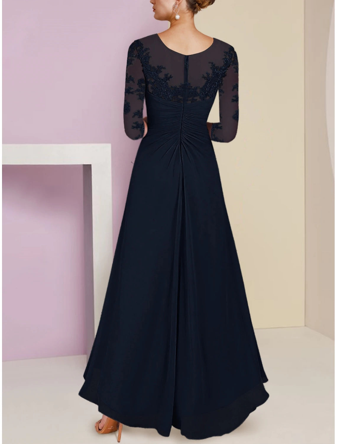 A-Line Mother of the Bride Dress Wedding Guest Elegant Scoop Neck Asymmetrical Ankle Length Chiffon 3/4 Length Sleeve