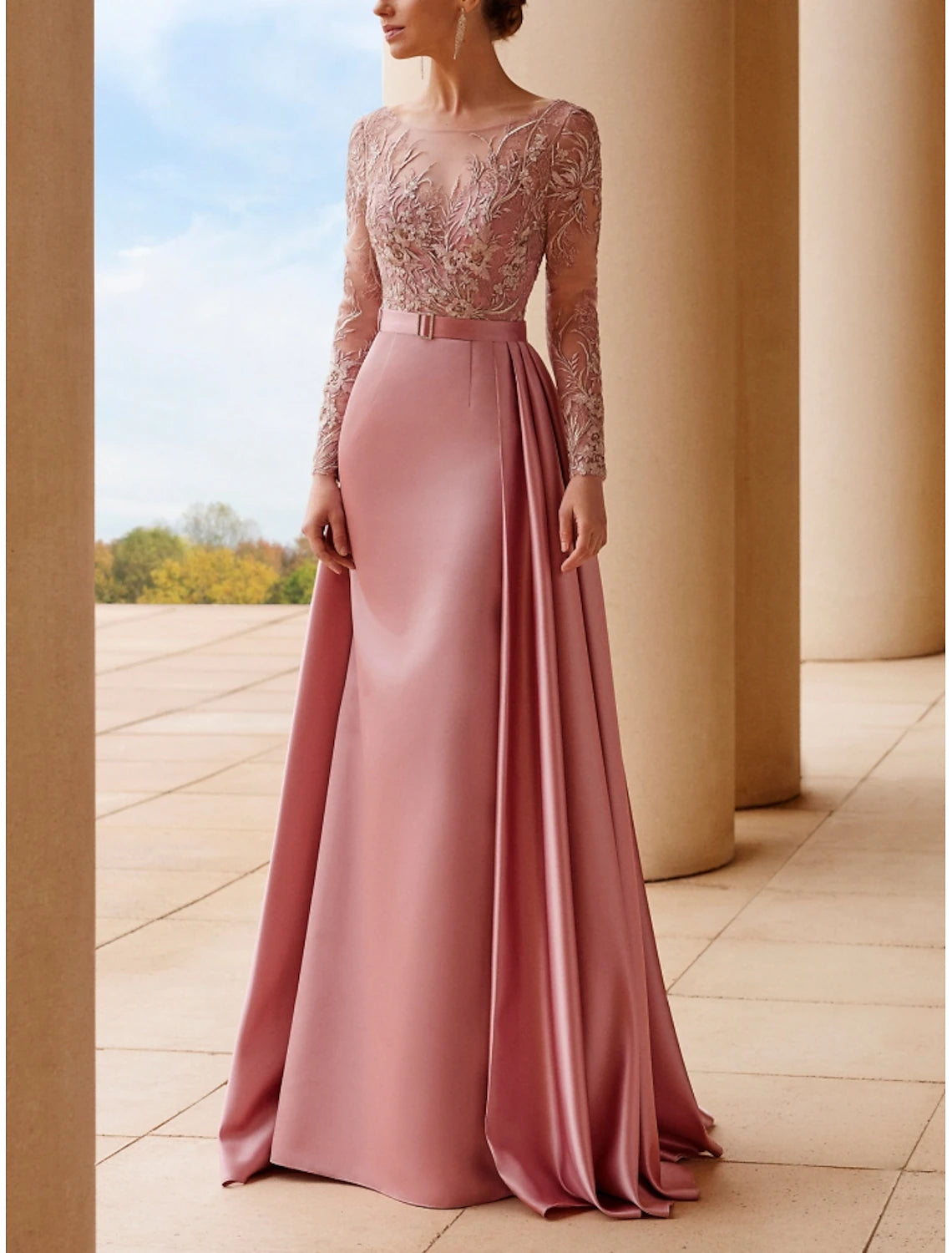 A-Line Mother of the Bride Dress Wedding Guest Elegant Scoop Neck Sweep / Brush Train Stretch Satin Long Sleeve