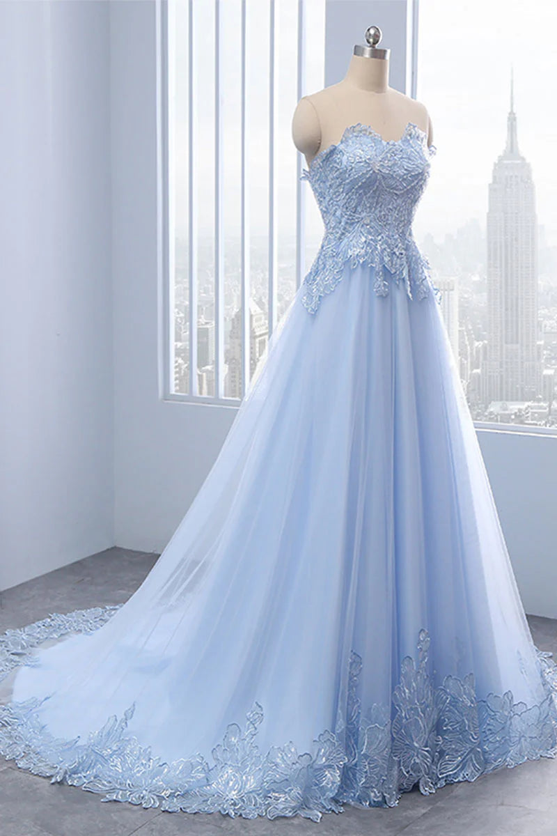 Light blue lace tulle long prom Wedding Dresses
