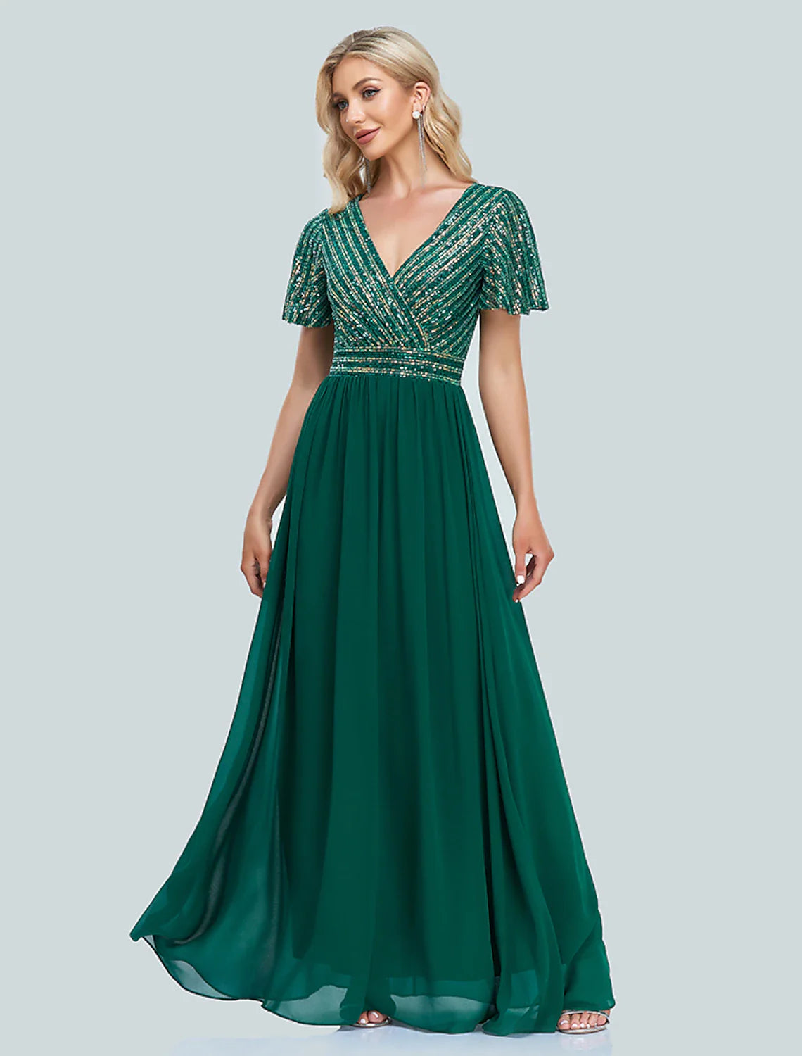 Evening Gown Elegant Dress Christmas Floor Length Short Sleeve V Neck Sequined with Sequin