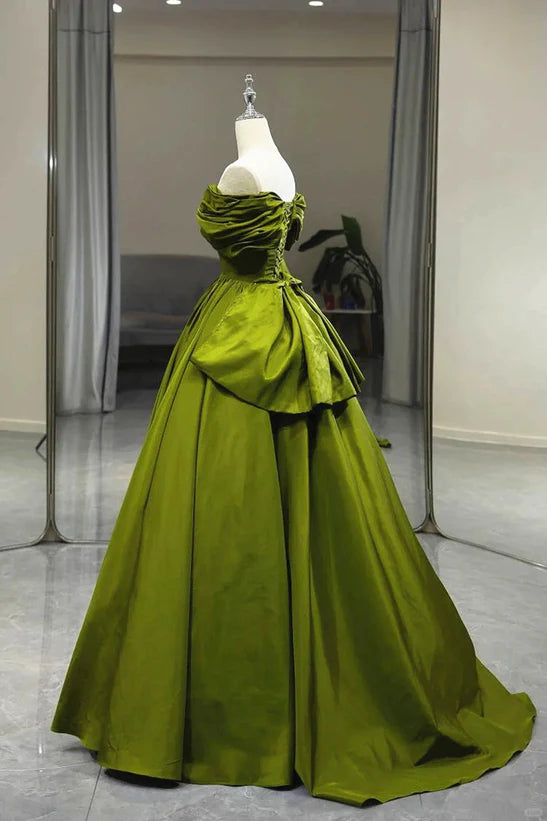 Green A-line Off Shoulder Satin Long Prom Dress