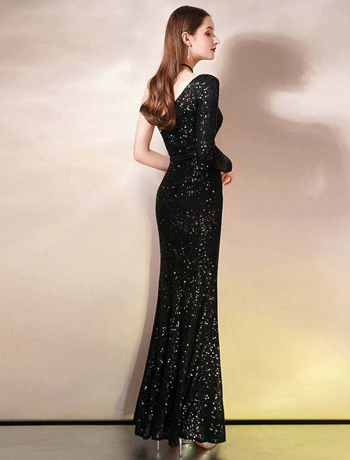 Evening Gown Sparkle Dress Wedding Guest Prom Floor Length Sleeveless One Shoulder Sequined with Sequin Slit