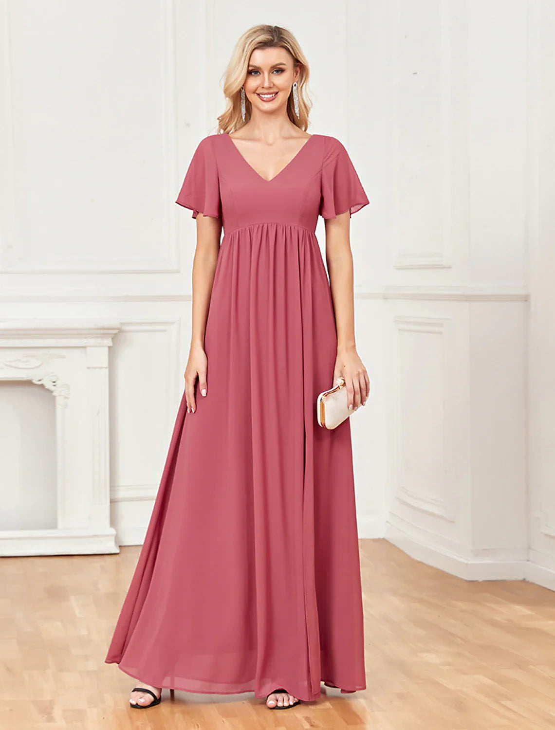 Evening Gown Empire Dress Party Wear Floor Length Short Sleeve V Neck Chiffon V Back with Slit