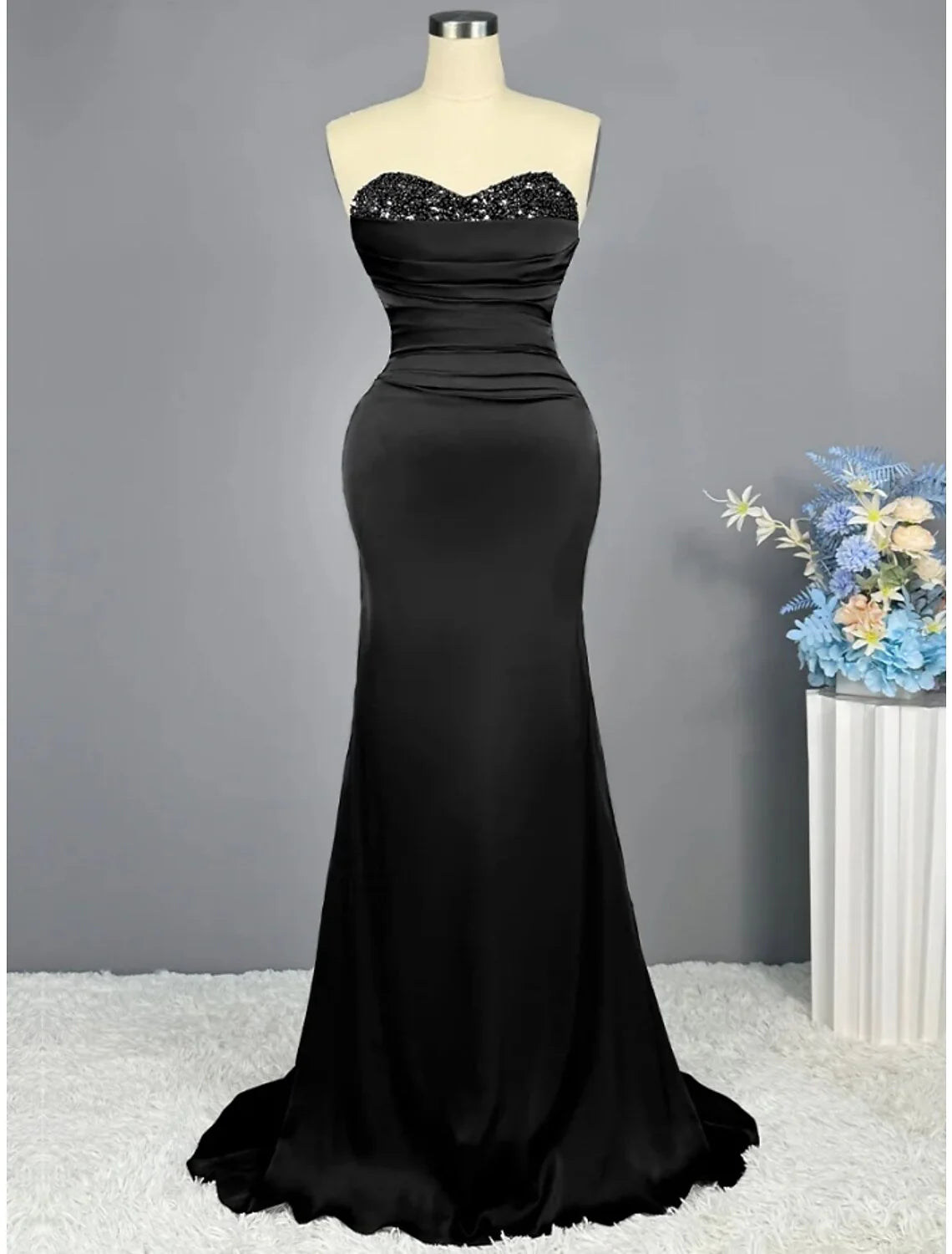 Evening Gown Elegant Dress Formal Sweep / Brush Train Christmas Red Green Dress Sleeveless Sweetheart Imitation Silk with Pleats Ruched Sequin