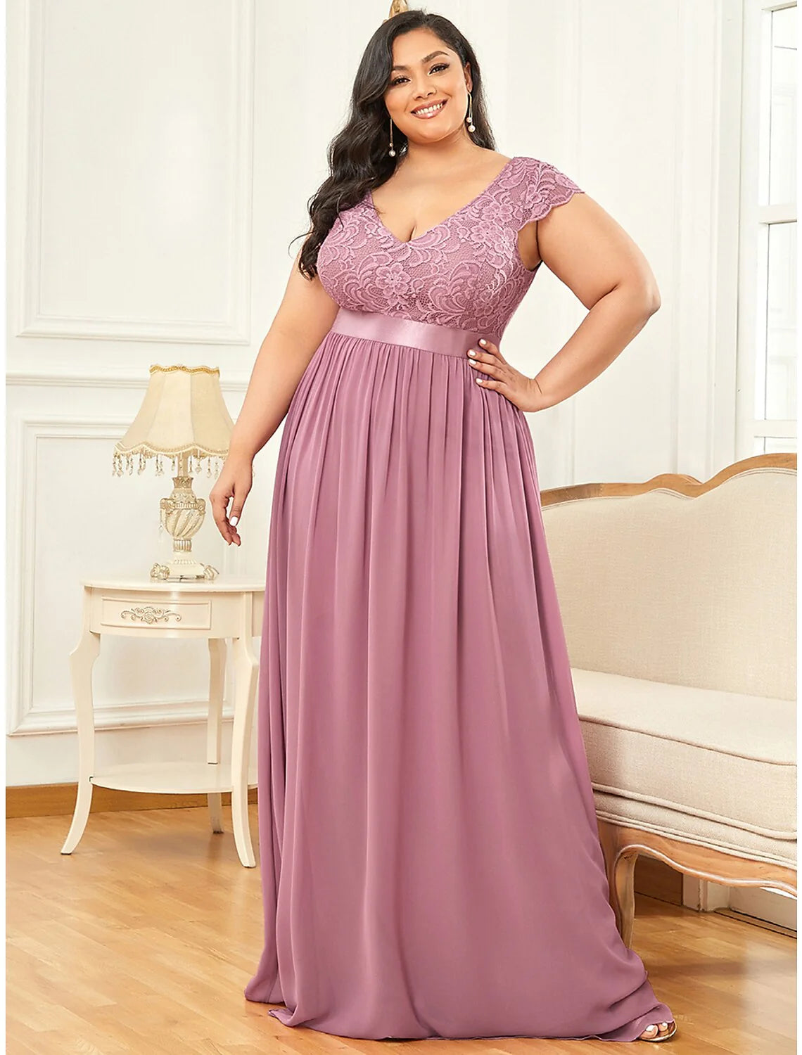 Evening Dress V Neck V Back Short Sleeve Floor Length Chiffon with Draping Lace Insert