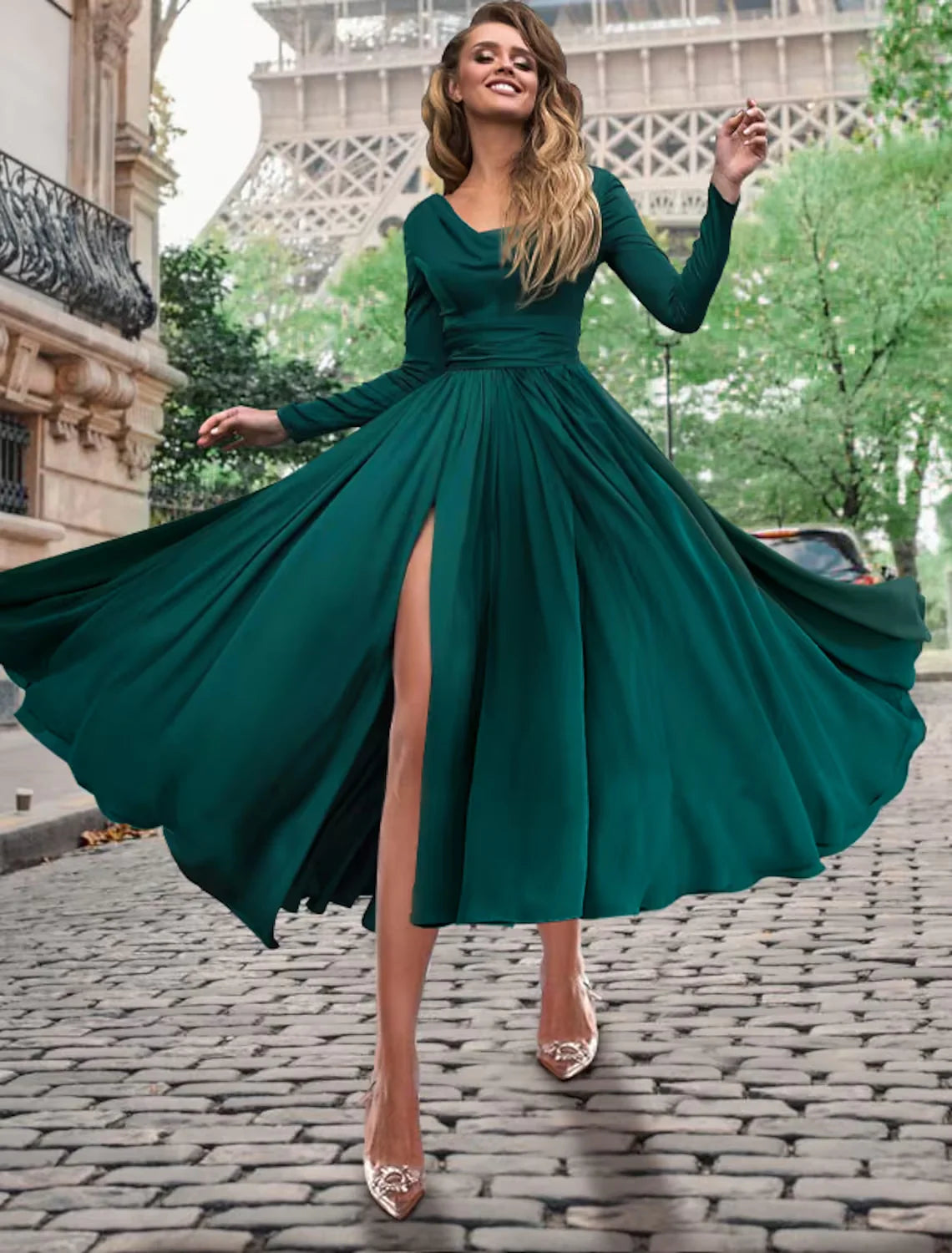 A-Line Cocktail Dresses Empire Dress Formal Tea Length Long Sleeve Cowl Neck Chiffon with Buttons Pleats