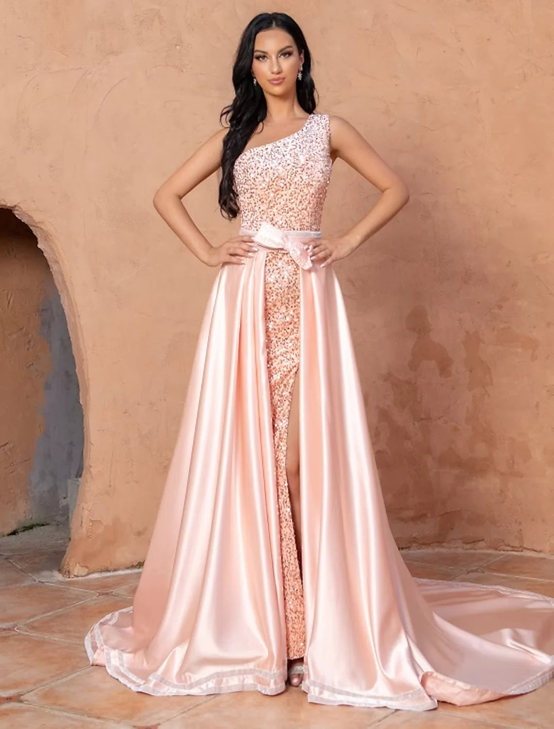 A-Line Mermaid / Trumpet Cocktail Dresses Sexy Dress Wedding Party Court Train Sleeveless One Shoulder Sequined