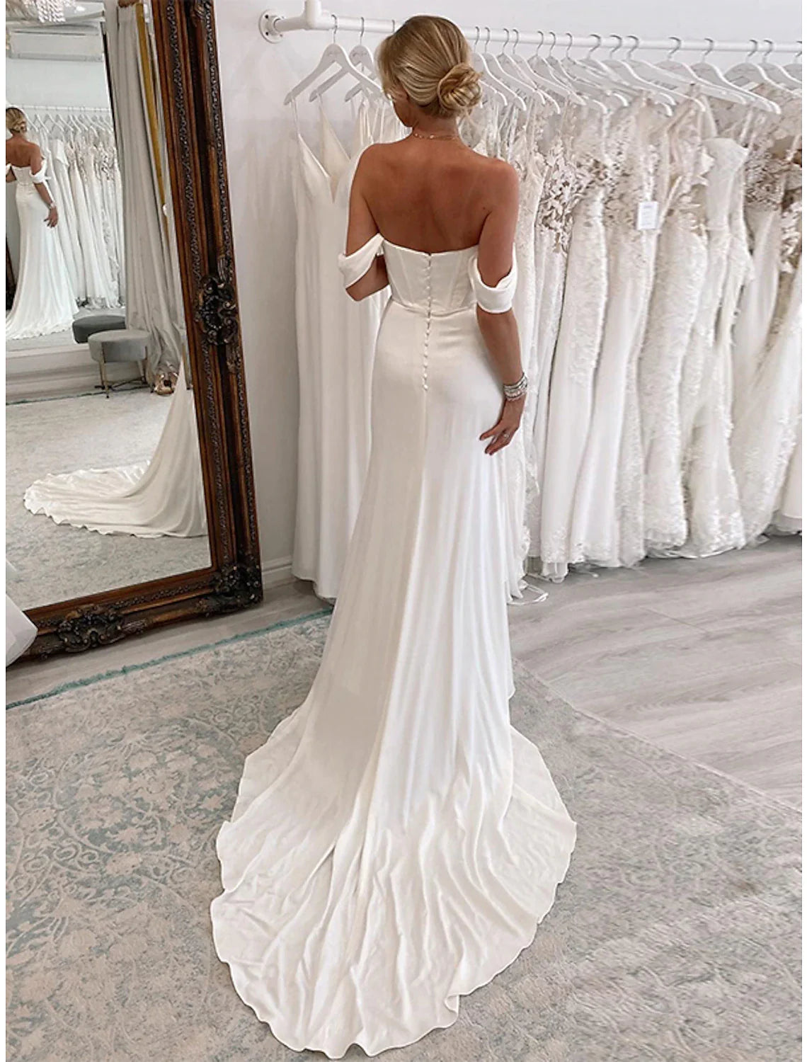 Reception Formal Wedding Dresses Sheath / Column Off Shoulder Sleeveless Court Train Bridal Suits Bridal Gowns With Pleats Ruched