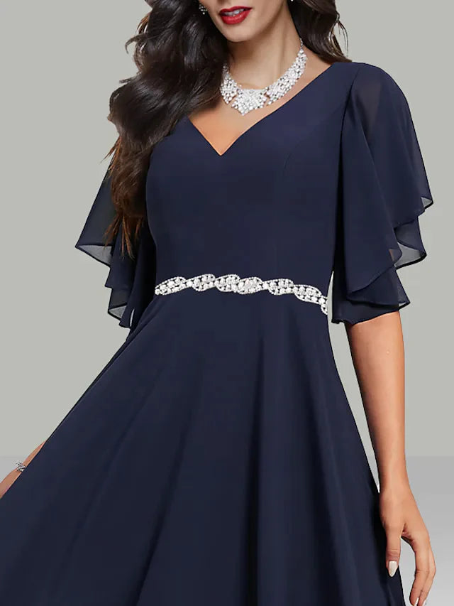 A-Line Wedding Guest Dresses Elegant Dress Cocktail Party Tea Length Short Sleeve V Neck Belt / Sash Chiffon