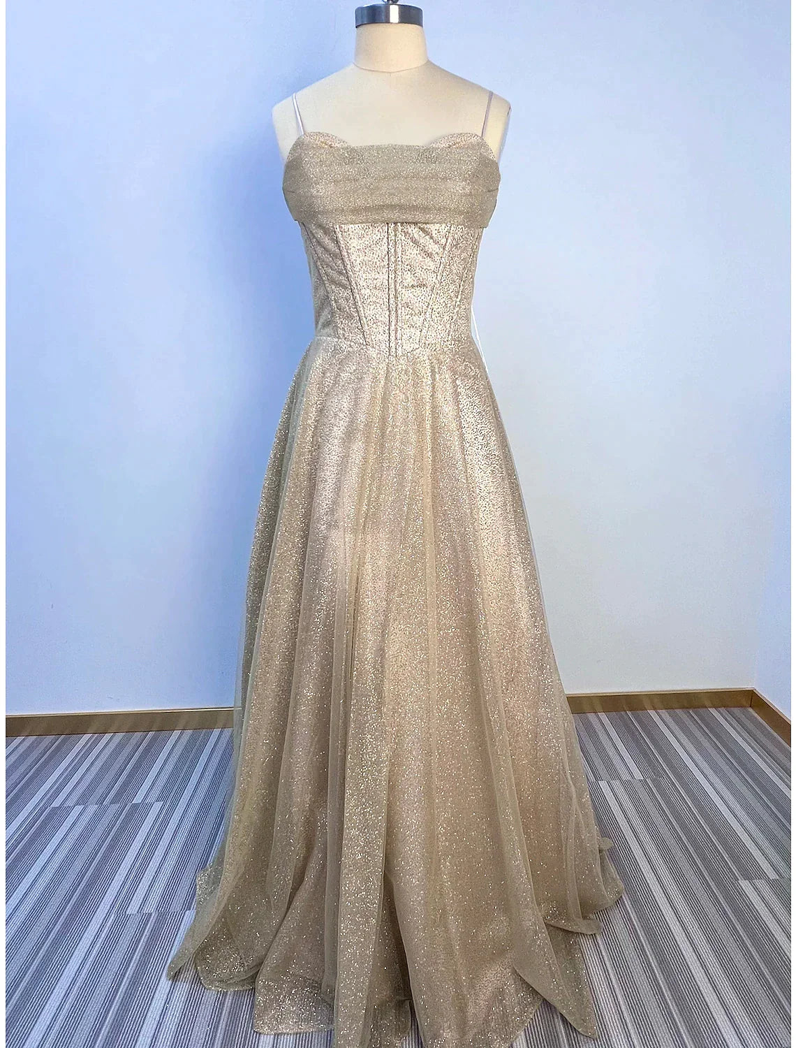 A-Line Evening Gown Corsets Dress Summer Floor Length Sleeveless Cowl Neck Tulle with Glitter