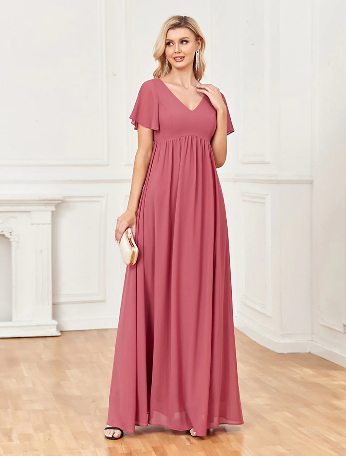 Evening Gown Empire Dress Party Wear Floor Length Short Sleeve V Neck Chiffon V Back with Slit