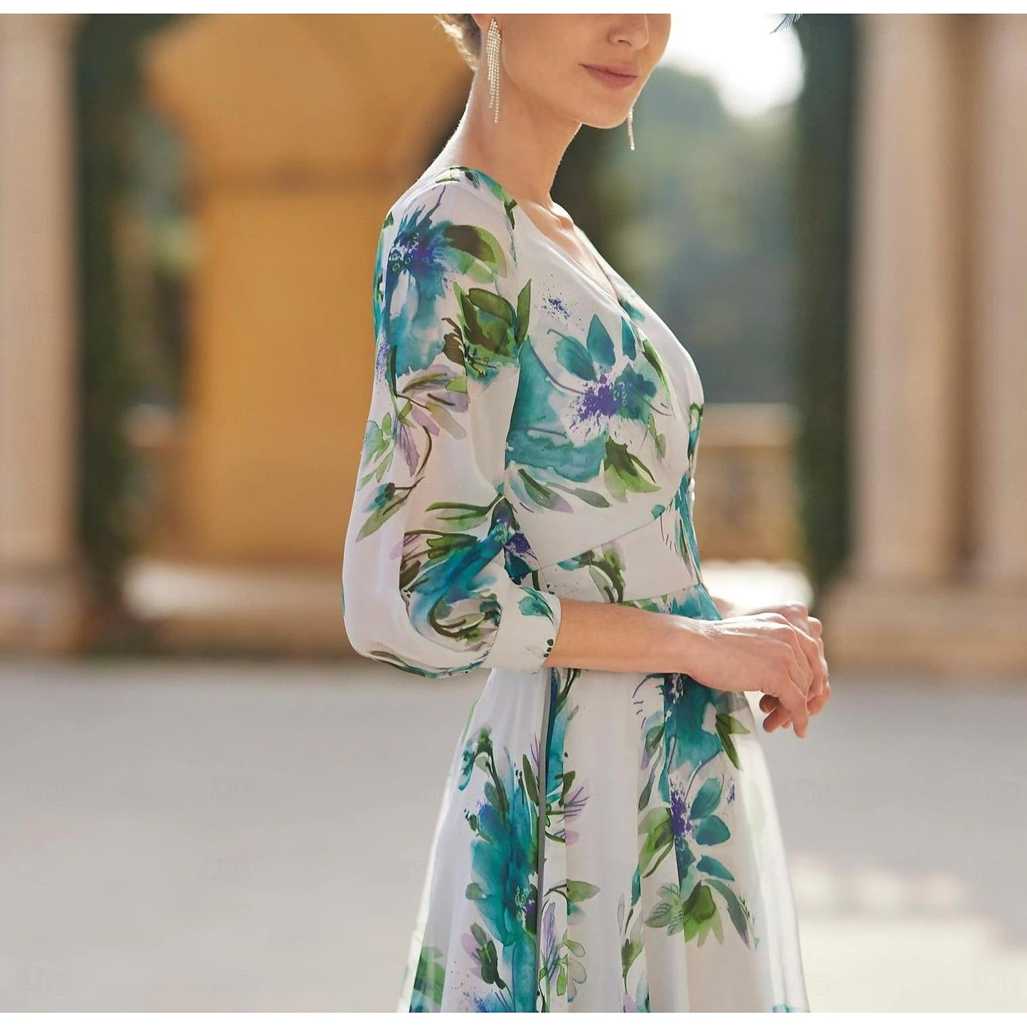 A-Line Mother of the Bride Dress Formal Wedding Guest Elegant Derby Dress V Neck Tea Length Chiffon Polyester 3/4 Length Sleeve