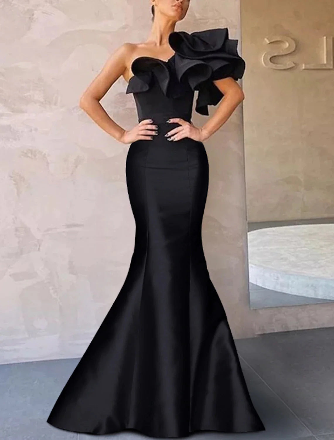 Mermaid / Trumpet Evening Gown Corsets Dress Formal Floor Length Sleeveless One Shoulder Taffeta with Ruffles Shouder Flower