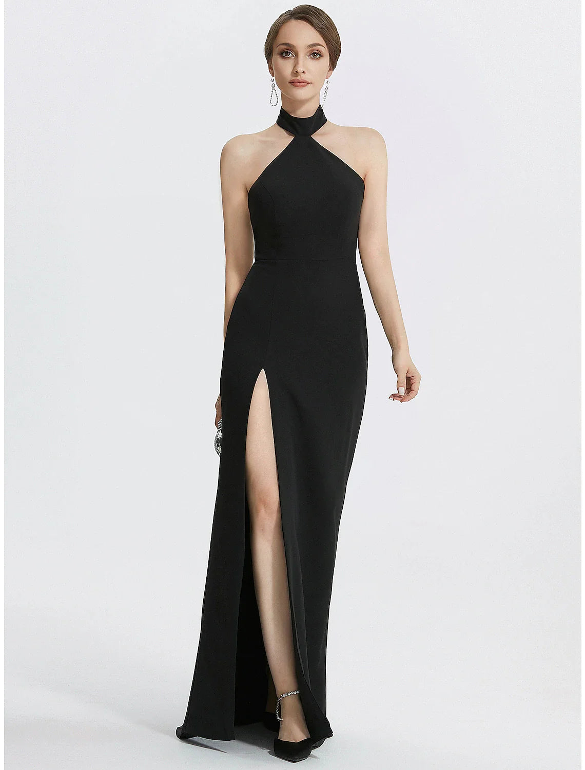 Sheath / Column Evening Gown Black Dress Dress Wedding Guest Prom Floor Length Sleeveless Halter Neck with Ruched