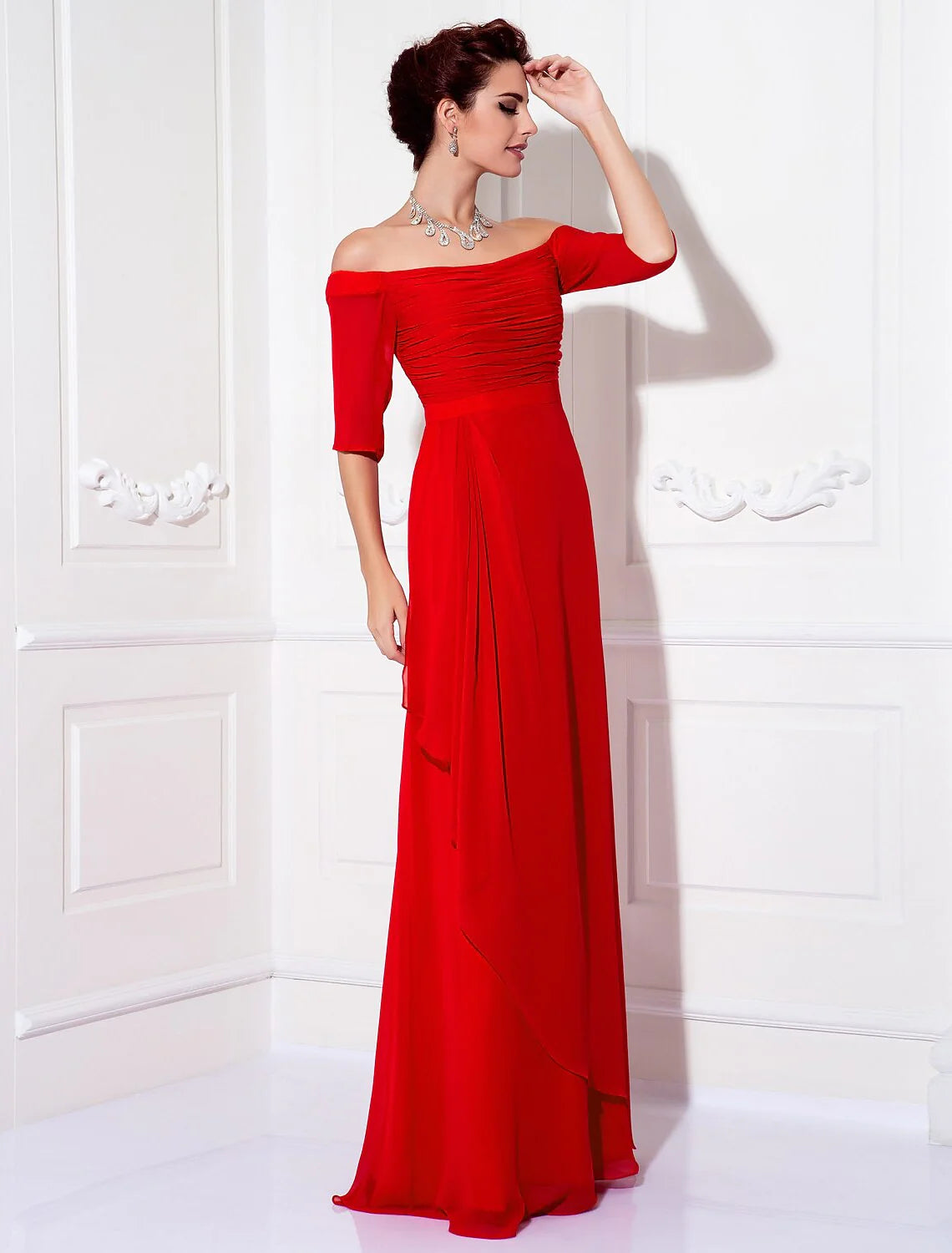 Sheath / Column Minimalist Dress Wedding Guest Sweep / Brush Train Half Sleeve Off Shoulder Chiffon with Ruched Draping